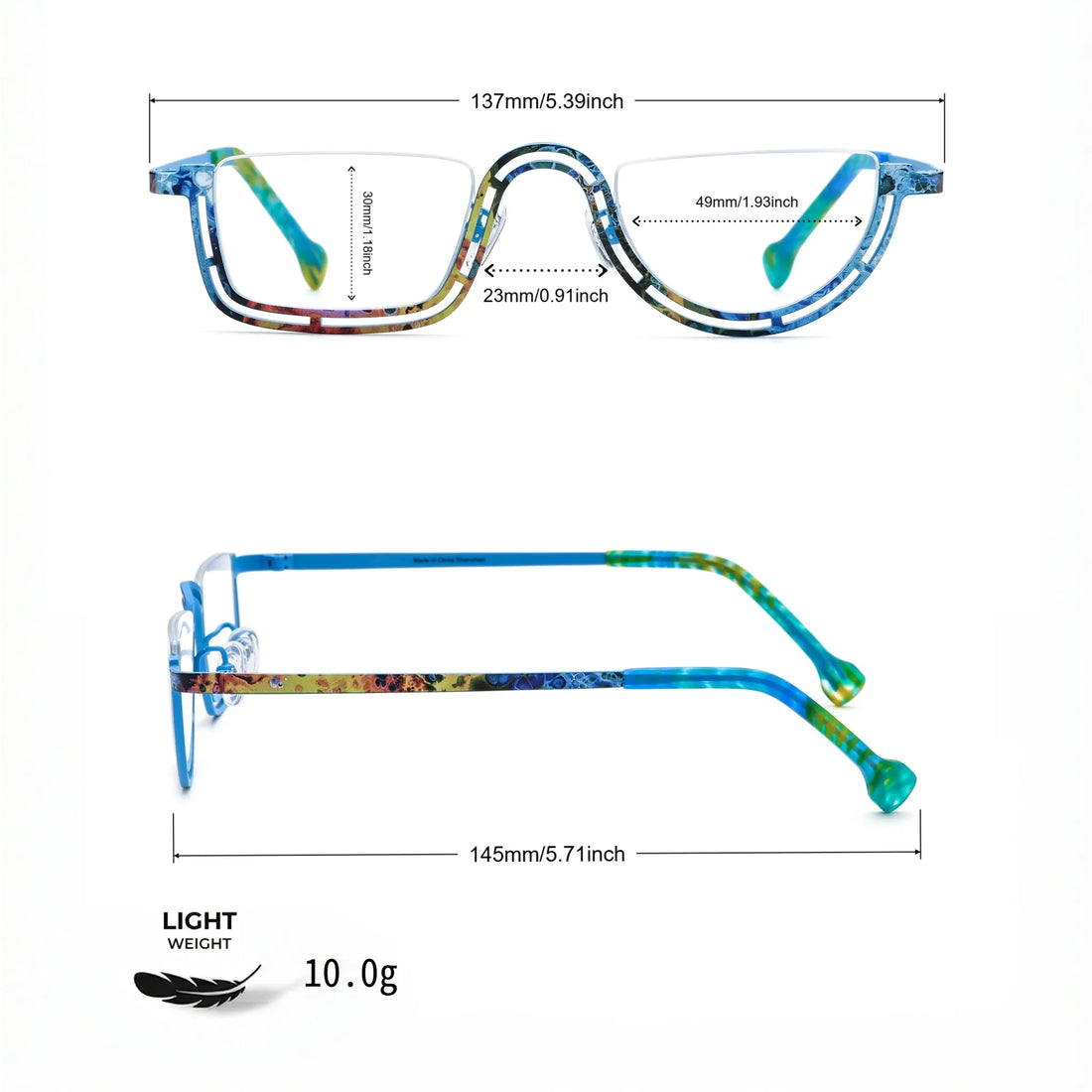 Barledear Ocean Mosaic Blue eyeglasses size chart with 137 mm frame width 49 mm lens width 30 mm lens height 23 mm bridge and 145 mm temple