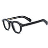 Barledear Onyx Black retro geometric acetate eyeglasses showing the keyhole bridge, rivet accents, and polished temple profile