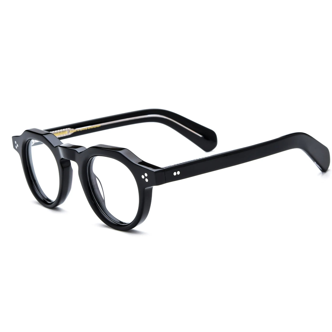 Barledear Onyx Black retro geometric acetate eyeglasses showing the keyhole bridge, rivet accents, and polished temple profile