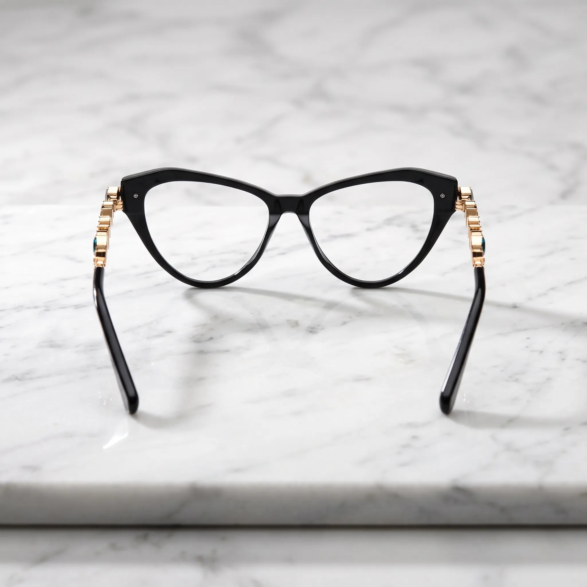 Barledear Onyx Black eyeglasses back view showing the full-rim cat-eye structure, molded nose pads, and smooth black acetate temple tips