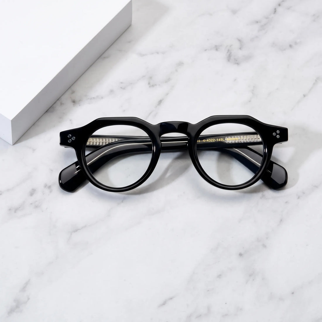 Barledear Onyx Black retro geometric acetate eyeglasses showing solid black temples and reinforced inner temple cores