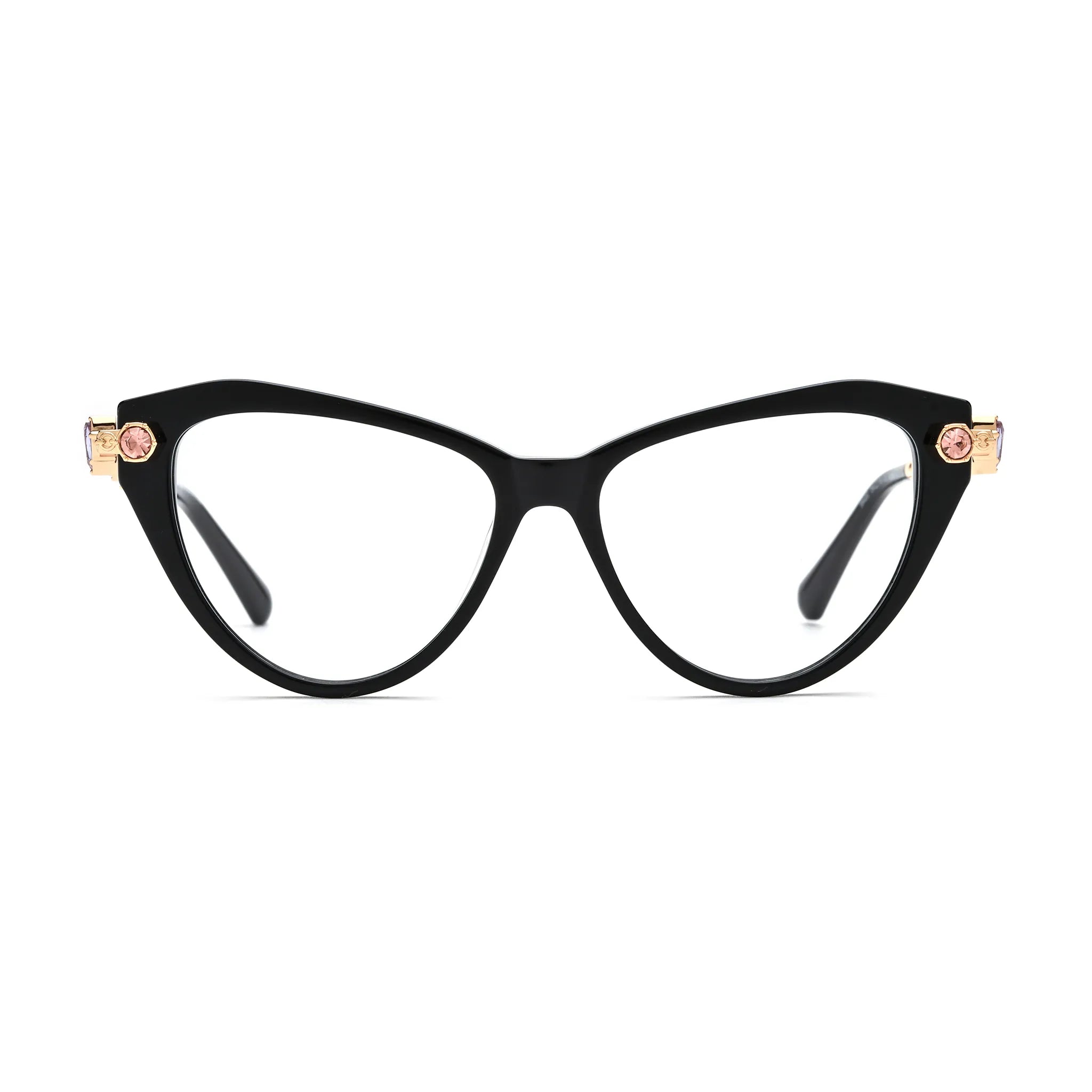 Barledear Onyx Black geometric cat-eye eyeglasses front view with a glossy black acetate frame and gold-tone jeweled temples