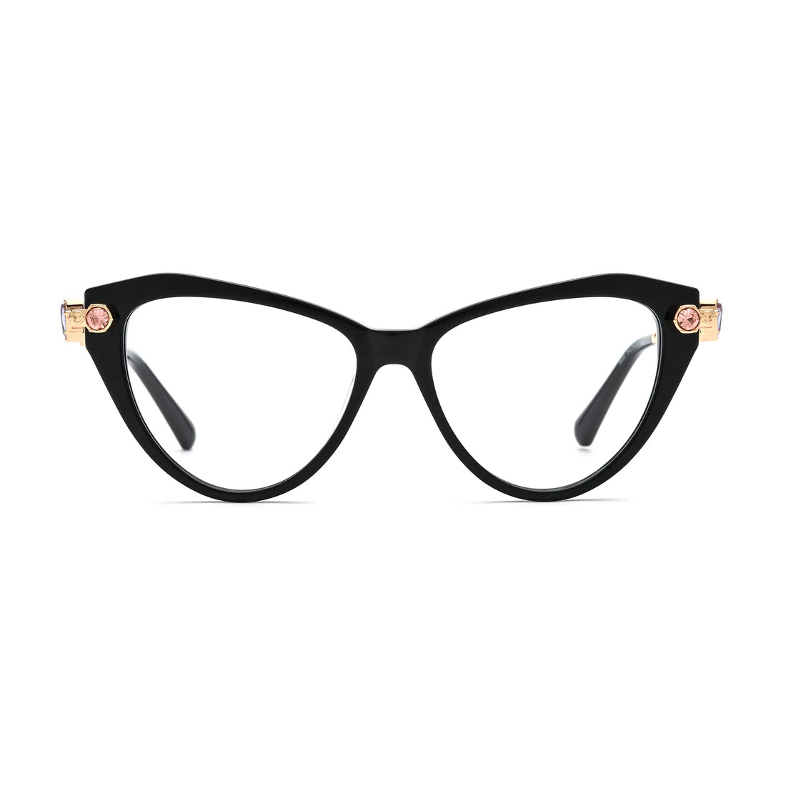 Barledear Onyx Black geometric cat-eye eyeglasses front view with a glossy black acetate frame and gold-tone jeweled temples