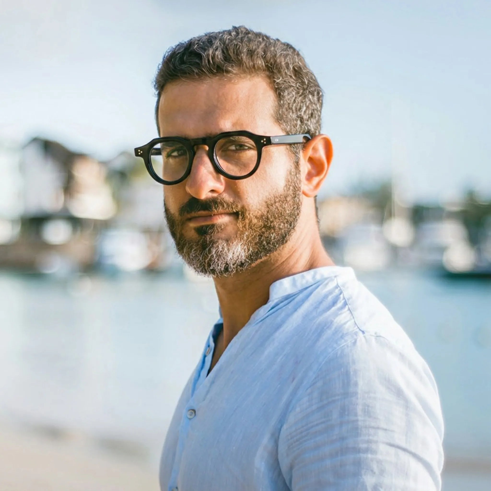 Barledear Onyx Black retro geometric acetate eyeglasses in a lifestyle portrait