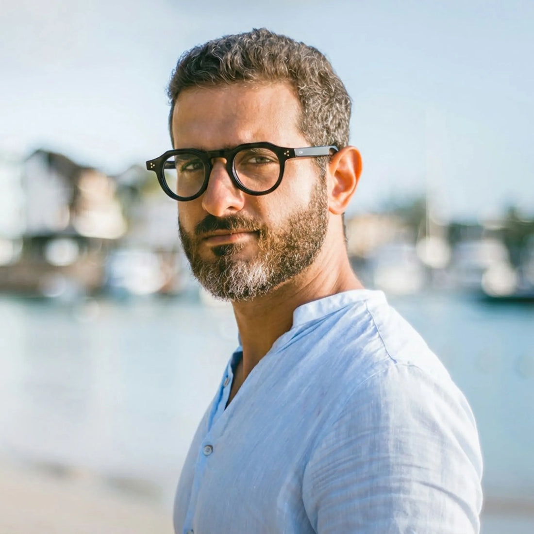 Barledear Onyx Black retro geometric acetate eyeglasses in a lifestyle portrait