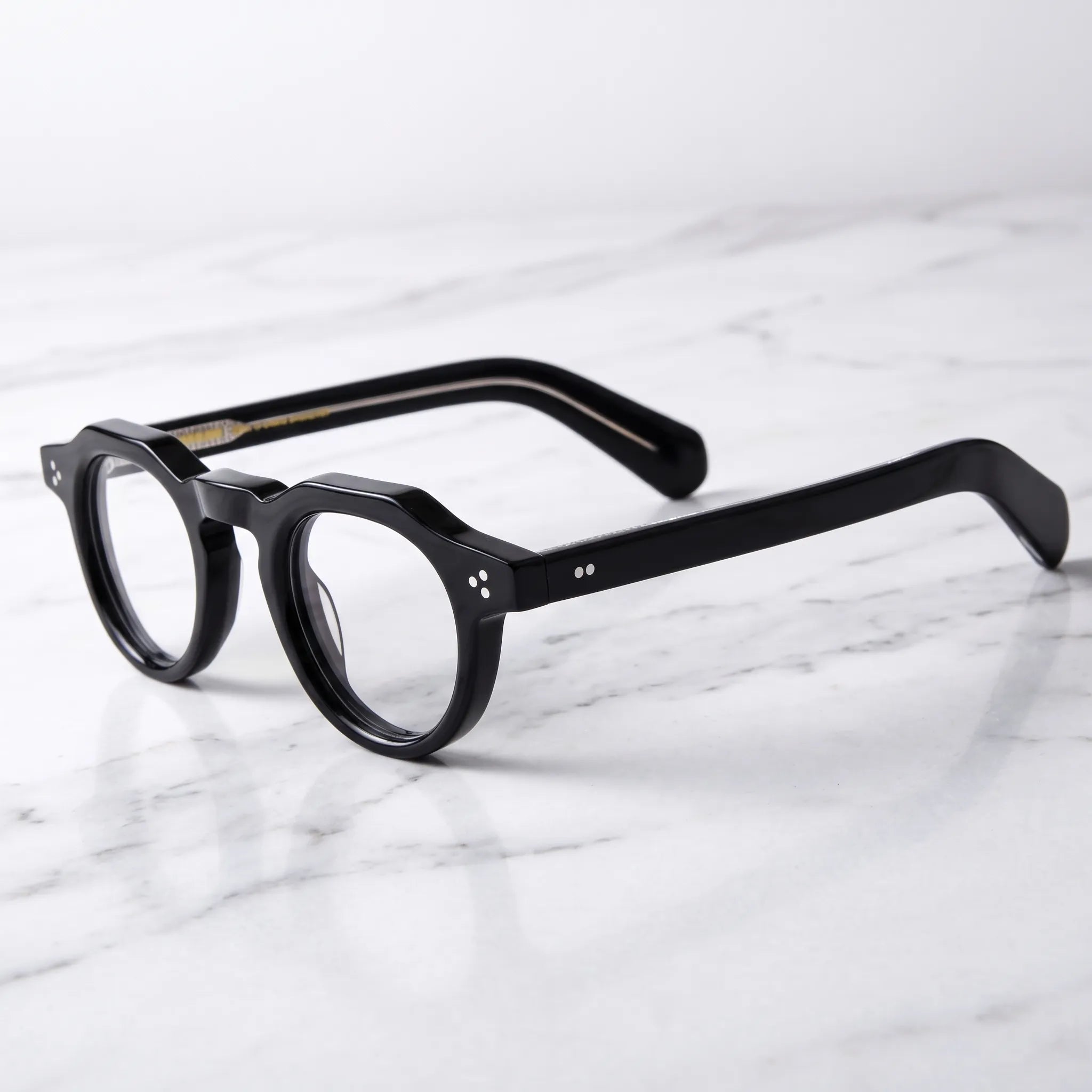Barledear Onyx Black retro geometric acetate eyeglasses showing the keyhole bridge, rivet accents, and polished temple profile