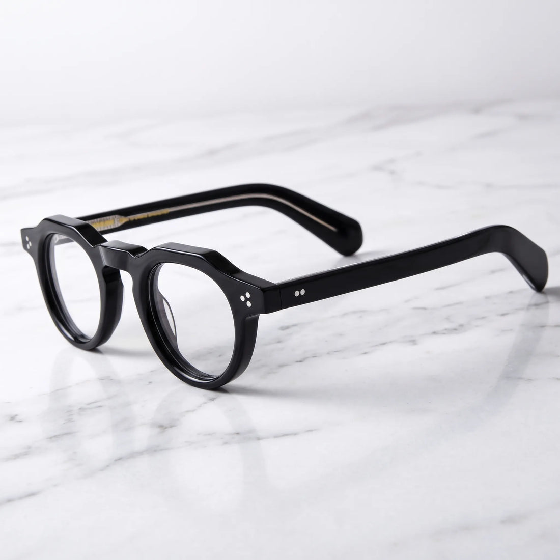 Barledear Onyx Black retro geometric acetate eyeglasses showing the keyhole bridge, rivet accents, and polished temple profile