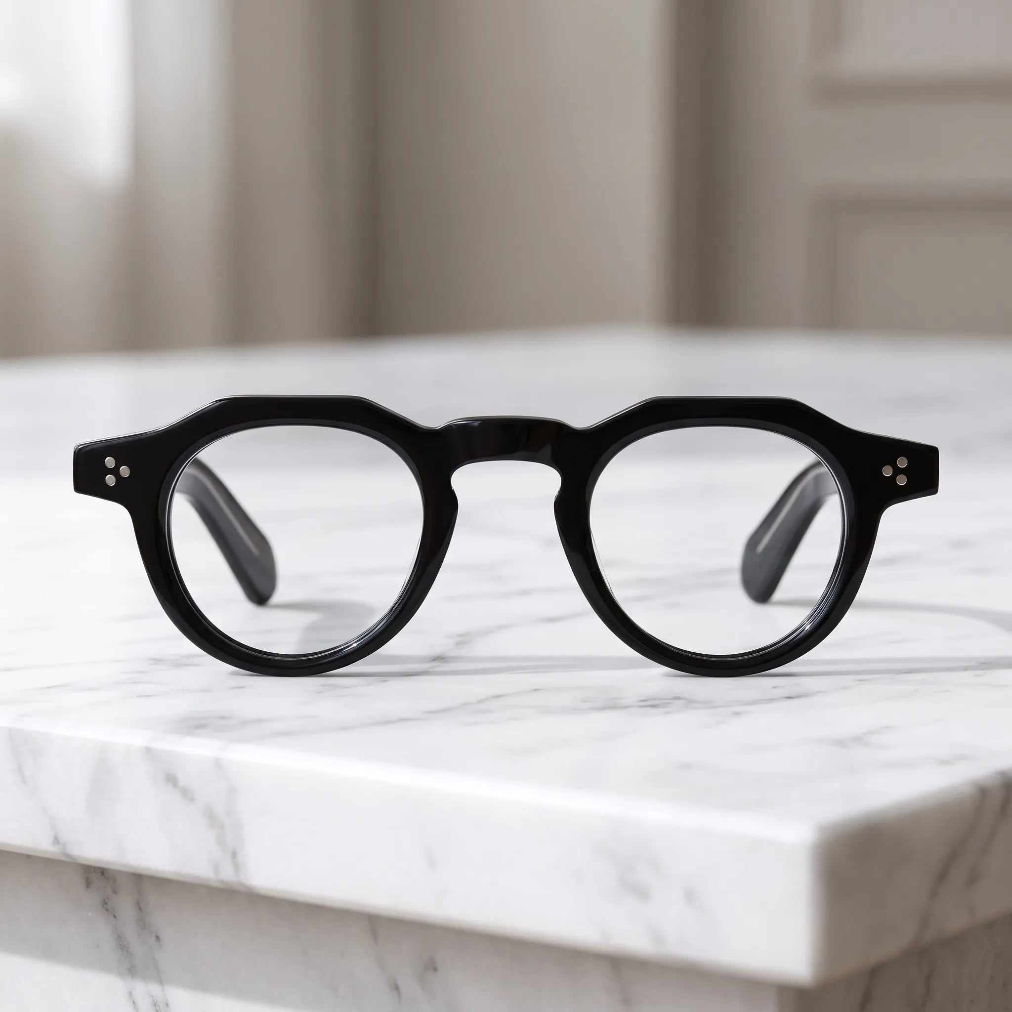 Barledear Onyx Black retro geometric acetate eyeglasses showing the polished black acetate frame in a clean lifestyle setting