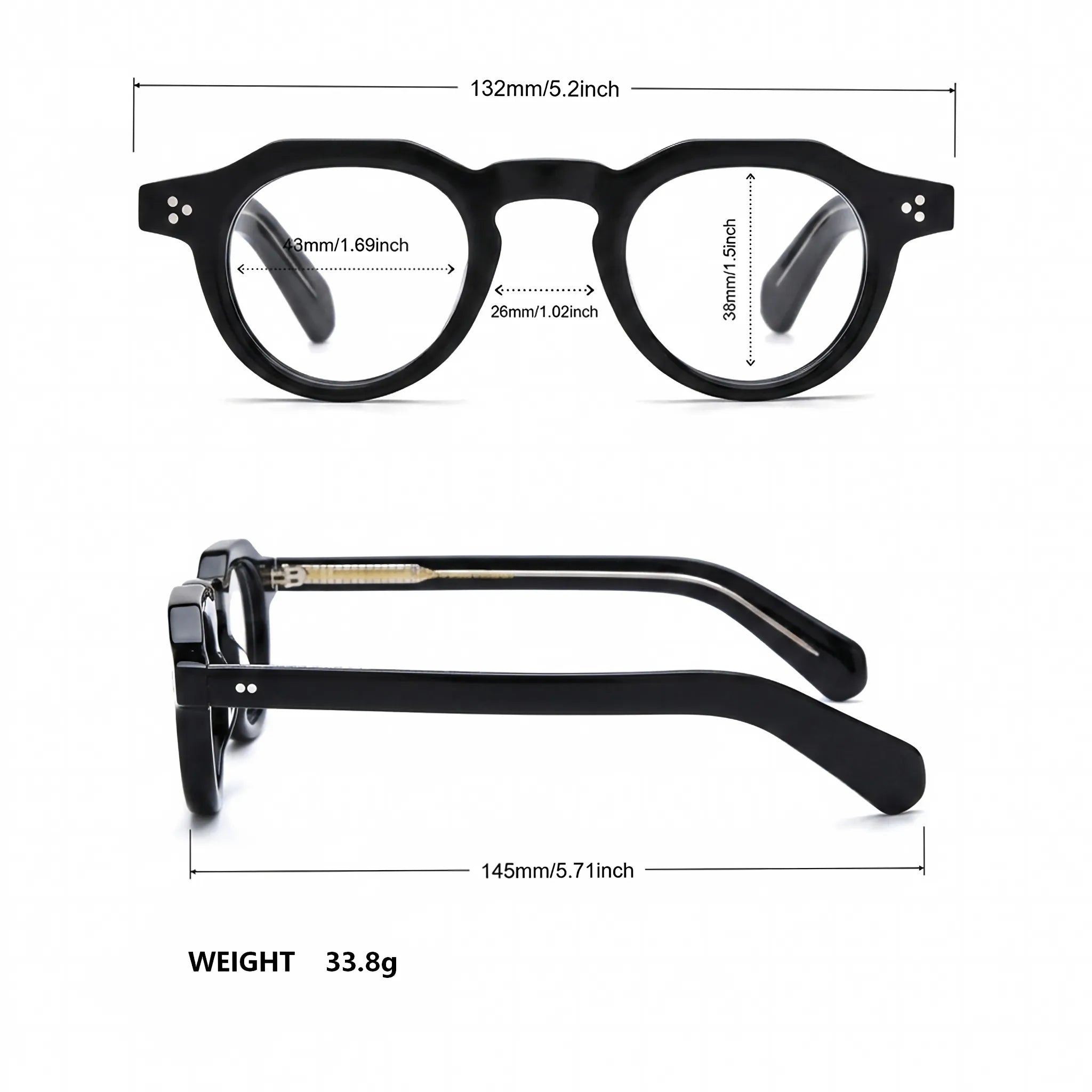 Barledear Onyx Black retro geometric acetate eyeglasses showing 132 mm frame width, 43 mm lens width, 38 mm lens height, 26 mm bridge, and 145 mm temples