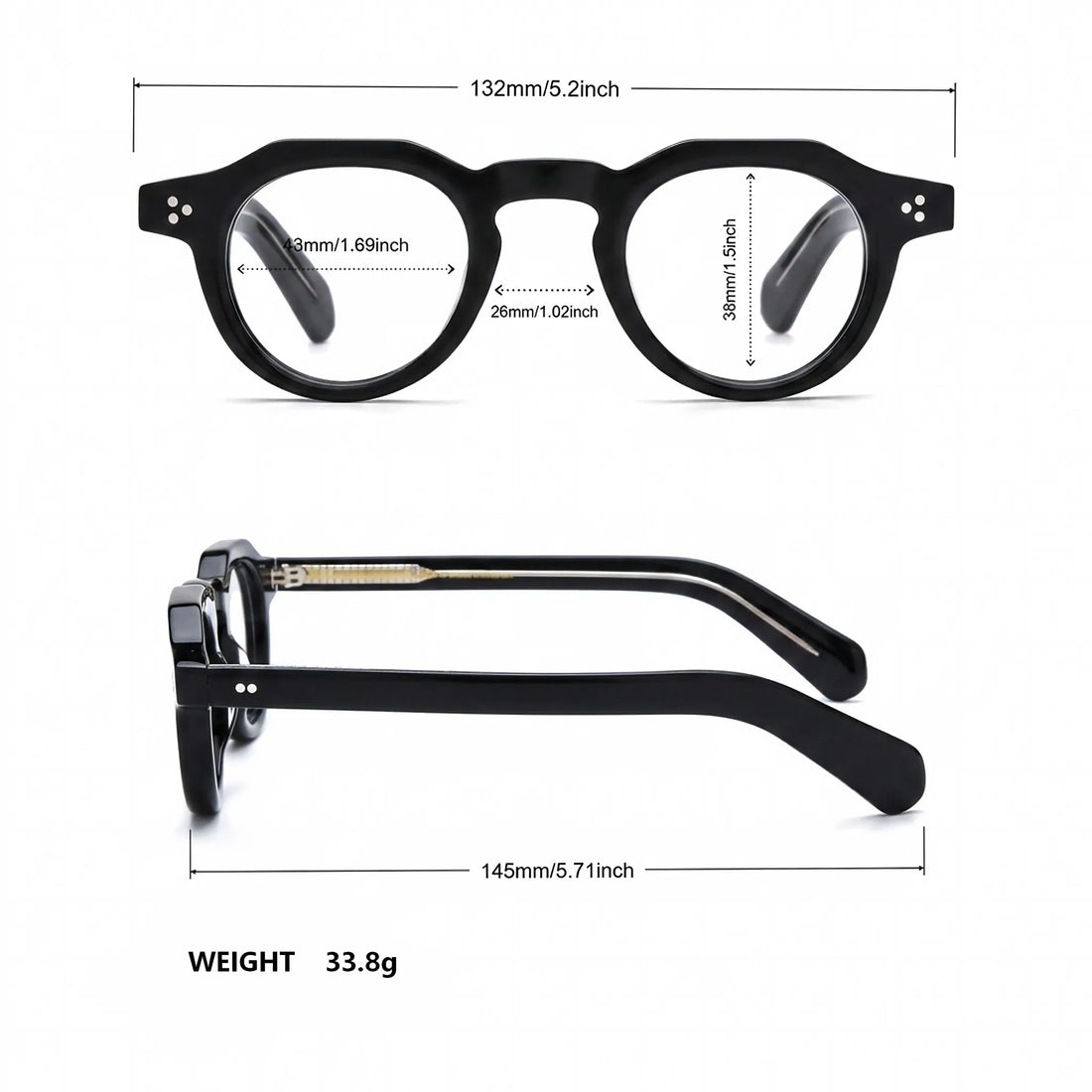 Barledear Onyx Black retro geometric acetate eyeglasses showing 132 mm frame width, 43 mm lens width, 38 mm lens height, 26 mm bridge, and 145 mm temples