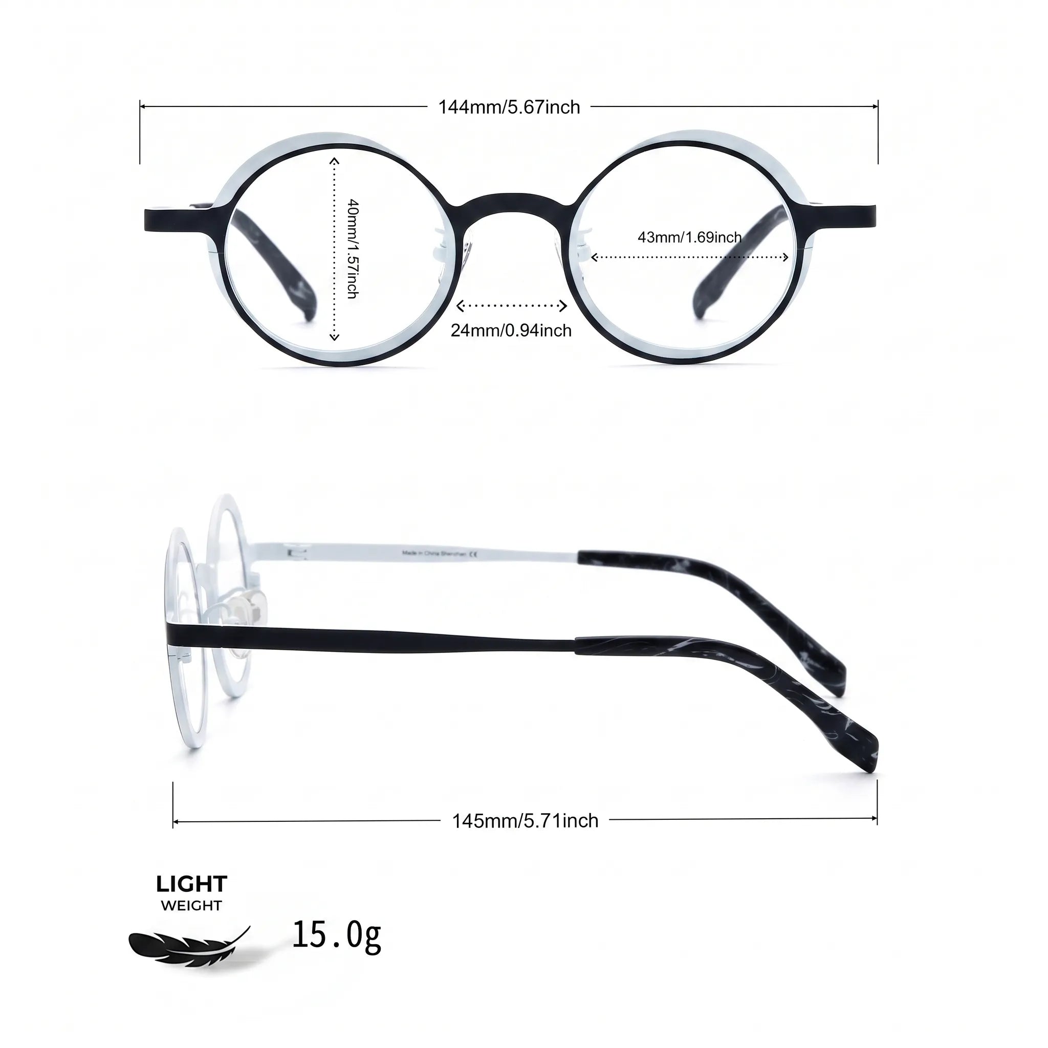 Barledear Onyx Crystal round pure titanium eyeglasses size chart with 144 mm frame width 43 mm lens width 40 mm lens height 24 mm bridge and 145 mm temple length