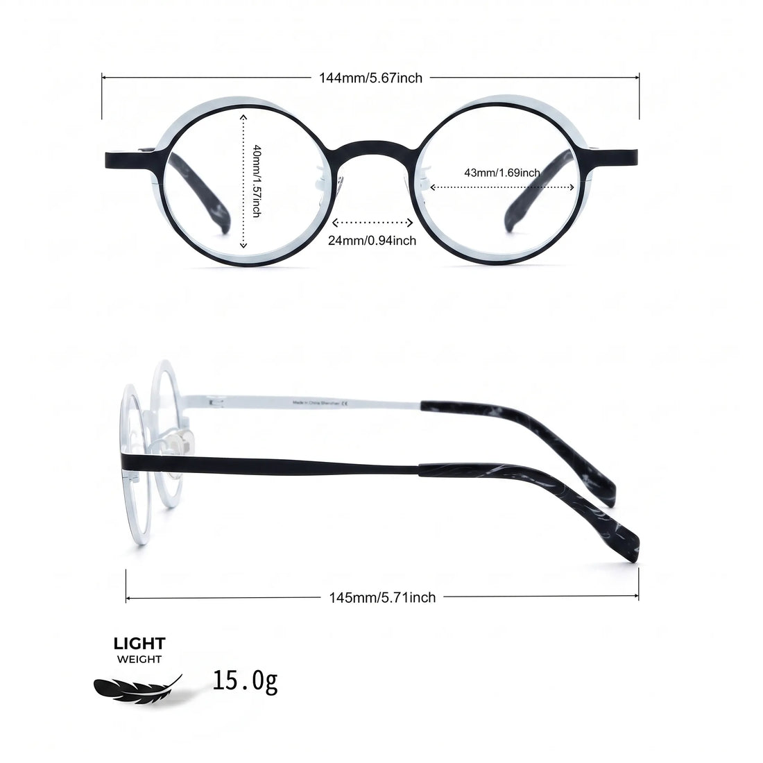 Barledear Onyx Crystal round pure titanium eyeglasses size chart with 144 mm frame width 43 mm lens width 40 mm lens height 24 mm bridge and 145 mm temple length