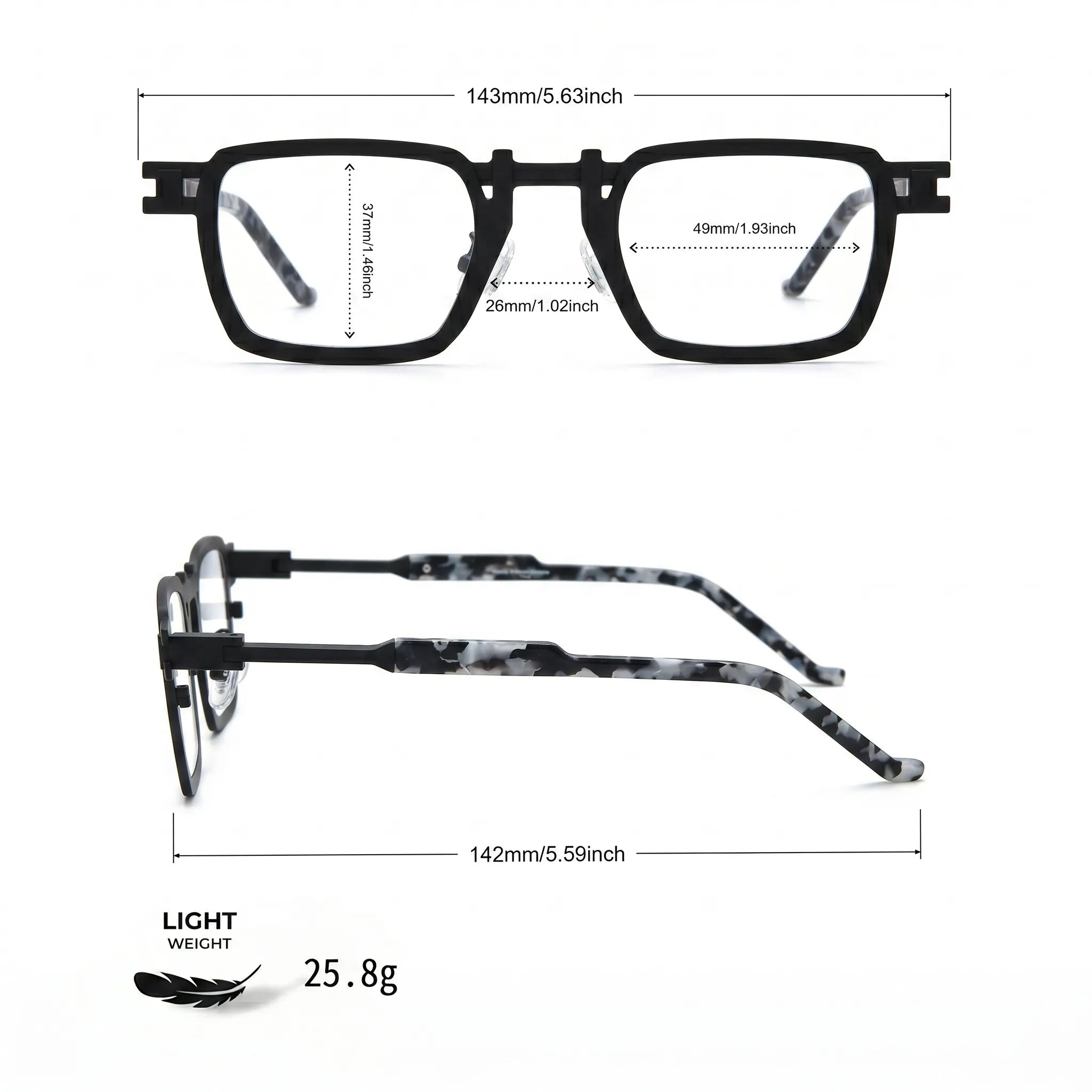 Barledear Onyx Smoke Marble eyeglasses size chart showing 143 mm frame width, 49 mm lens width, 37 mm lens height, 26 mm bridge, and 142 mm temple length