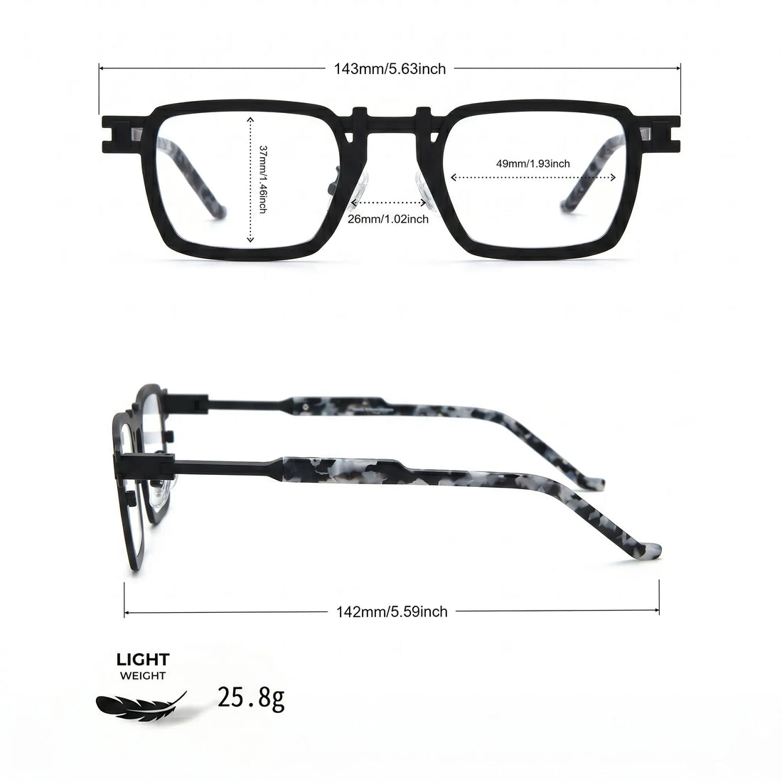 Barledear Onyx Smoke Marble eyeglasses size chart showing 143 mm frame width, 49 mm lens width, 37 mm lens height, 26 mm bridge, and 142 mm temple length