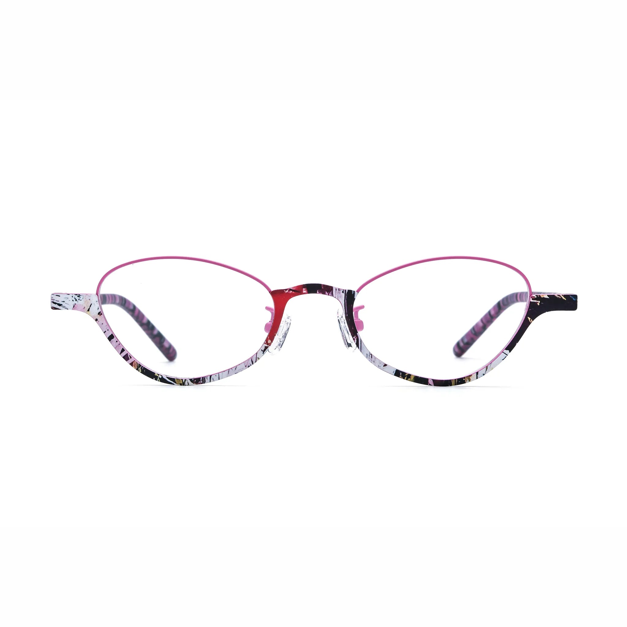 Barledear Orchid Blush oval titanium eyeglasses front view with pink patterned frame and artistic acetate temples
