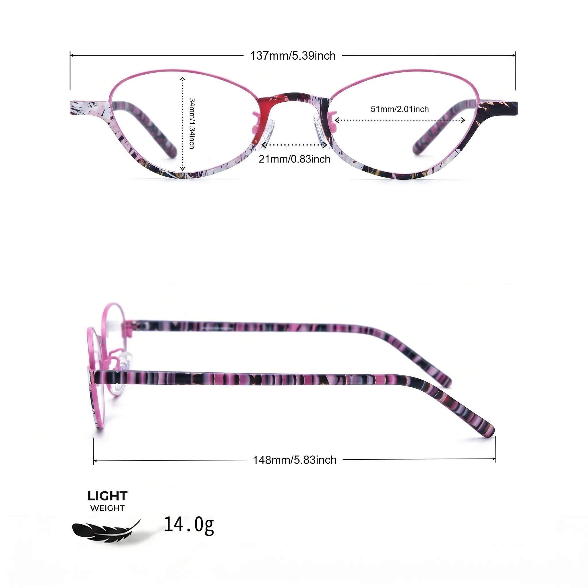 Barledear Orchid Blush eyeglasses size chart with 137 mm frame width 51 mm lens width 34 mm lens height 21 mm bridge and 148 mm temple length
