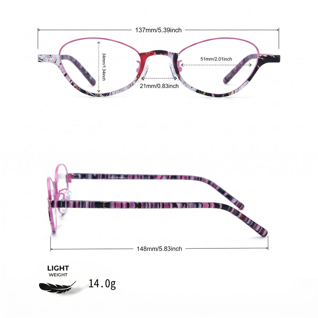 Barledear Orchid Blush eyeglasses size chart with 137 mm frame width 51 mm lens width 34 mm lens height 21 mm bridge and 148 mm temple length