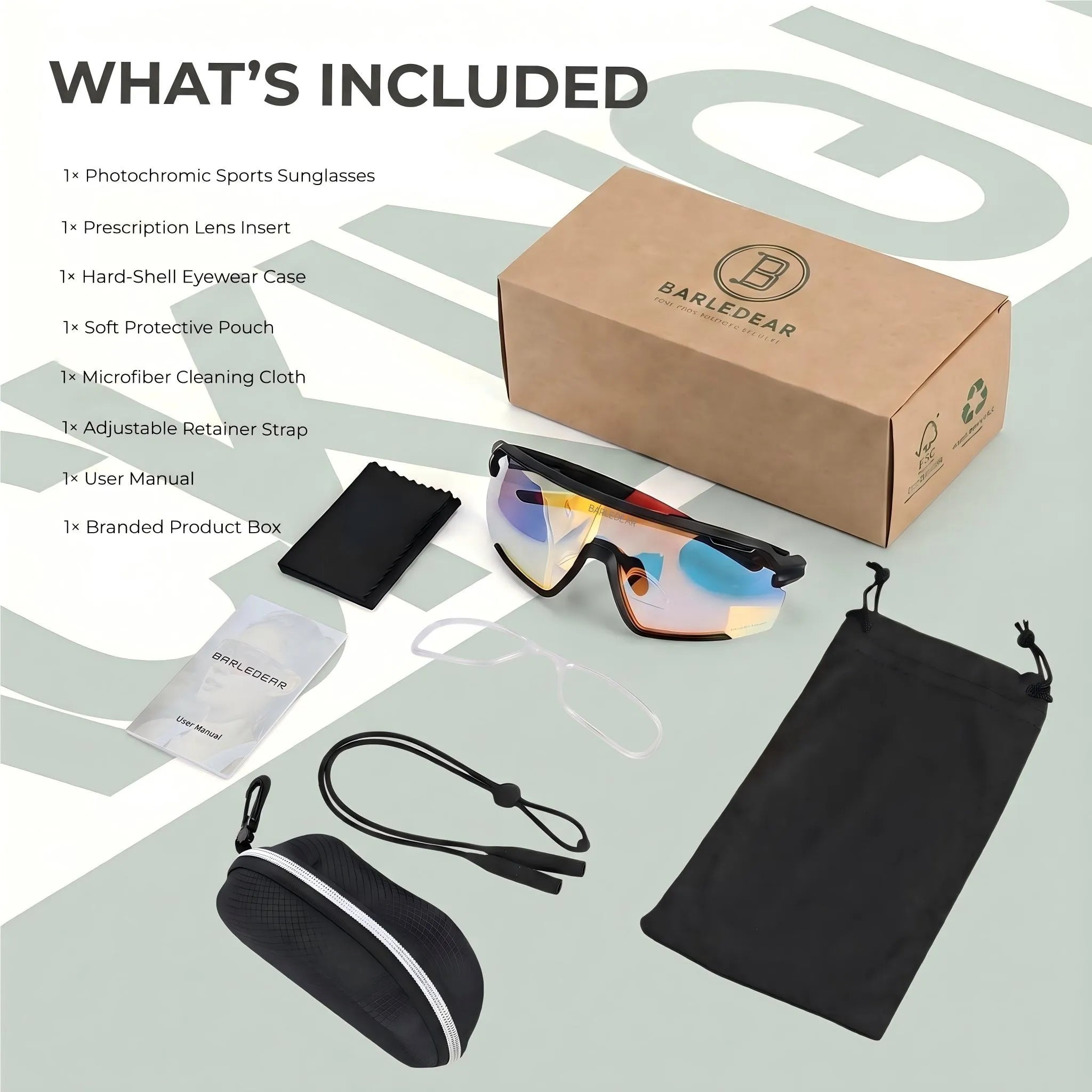Package contents for Barledear photochromic cycling glasses: sports eyewear, removable RX insert, hard case, soft pouch, cleaning cloth, retainer strap, user manual, and branded box.