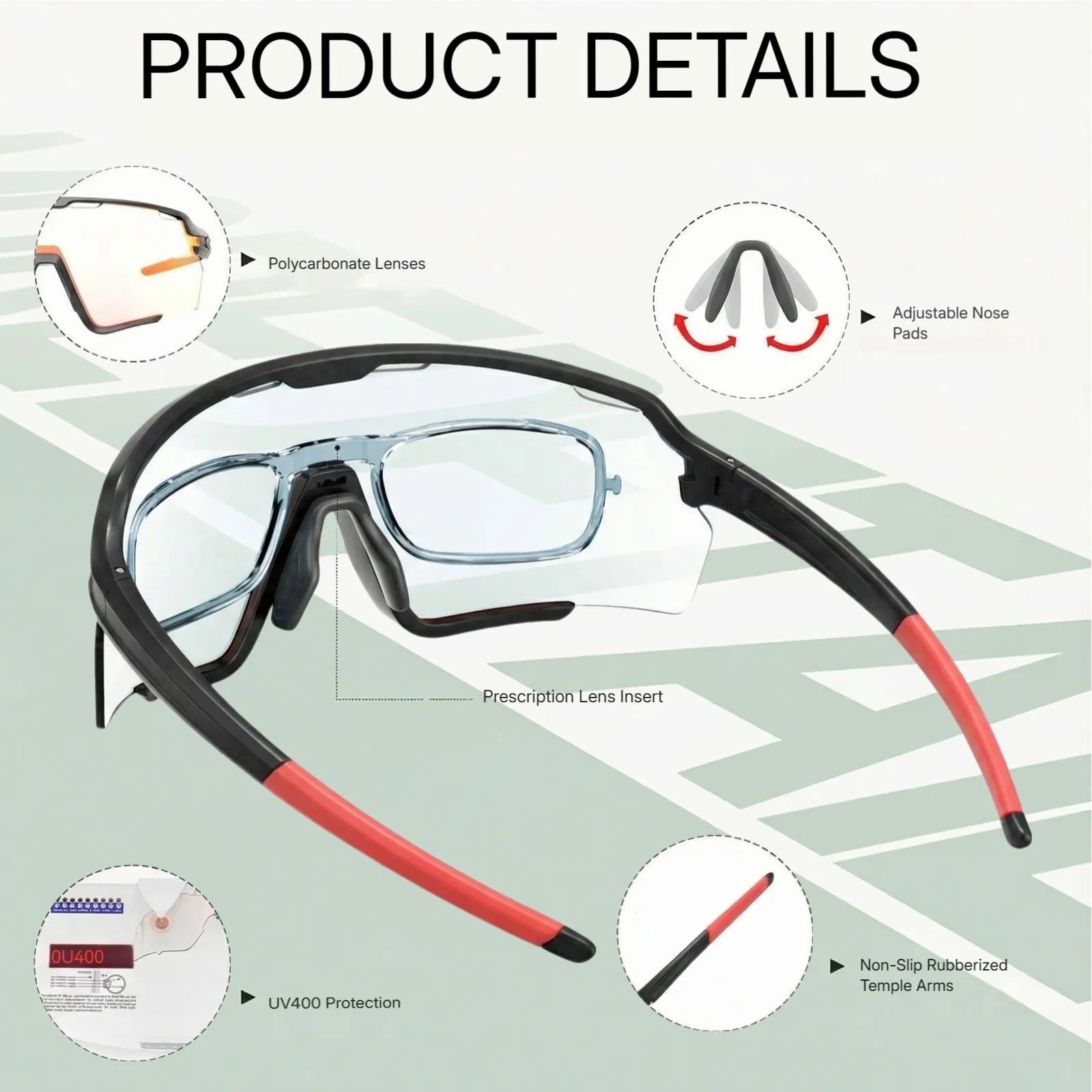 Rear detail view of Barledear photochromic cycling glasses showing the removable RX insert, adjustable nose pads, PC shield lens, UV400 protection, and non-slip rubberized temples.
