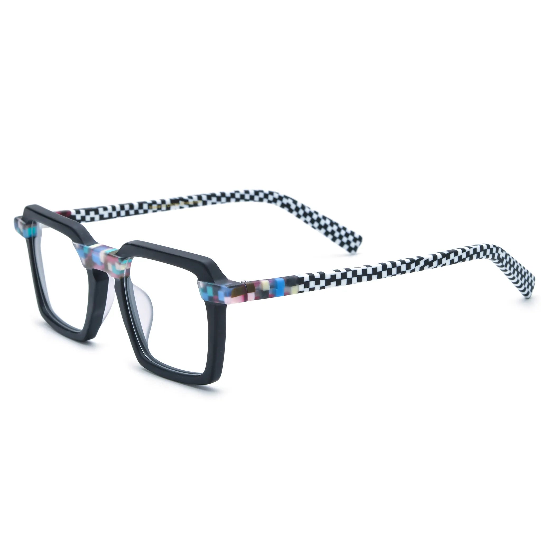 Barledear Pixel Checker Noir square eyeglasses angled side view showing colorful pixel accents and checkerboard temples