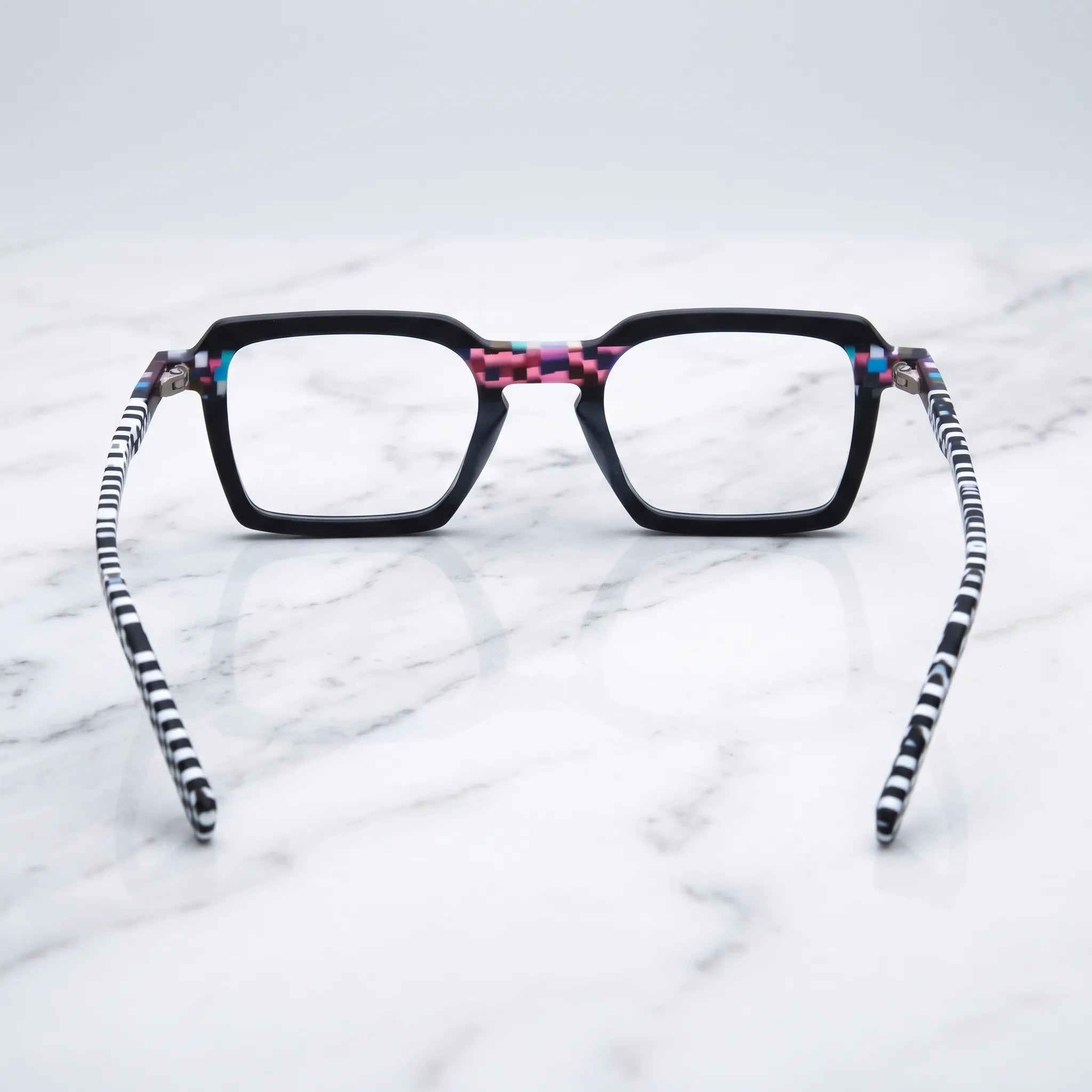 Barledear Pixel Checker Noir eyeglasses back view showing the full-rim frame structure and patterned temples