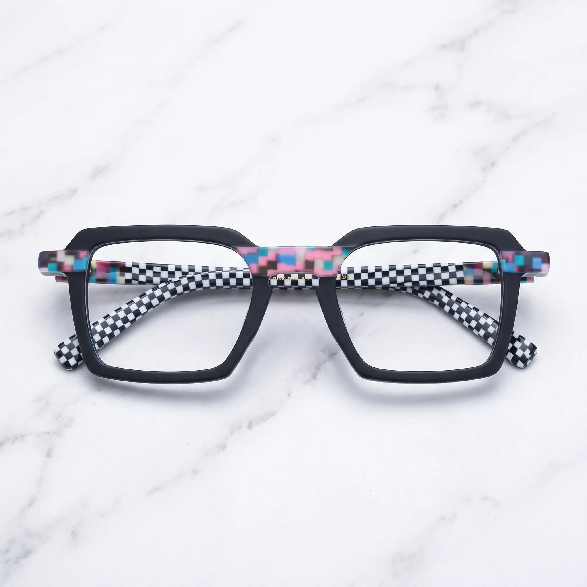 Barledear Pixel Checker Noir eyeglasses folded display showing the black frame and checkerboard temples
