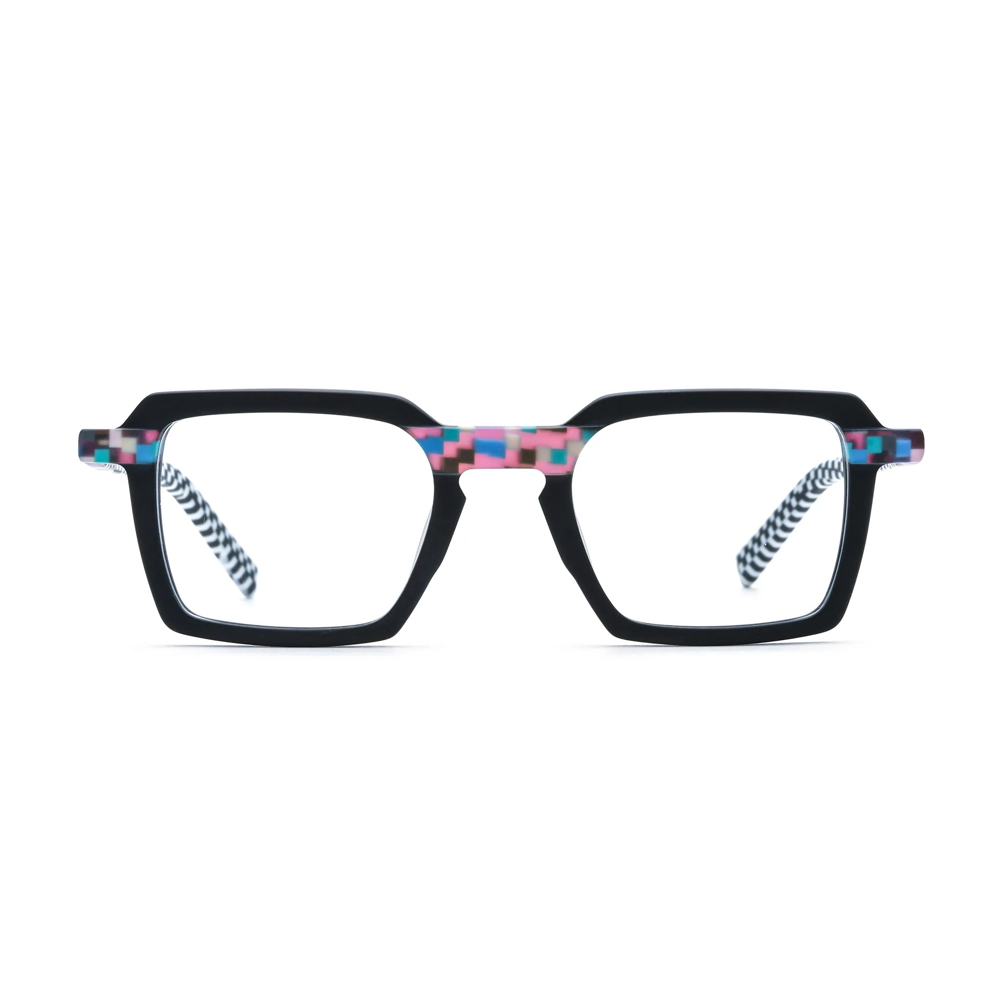 Barledear Pixel Checker Noir square eyeglasses front view with a black frame and colorful pixel accents
