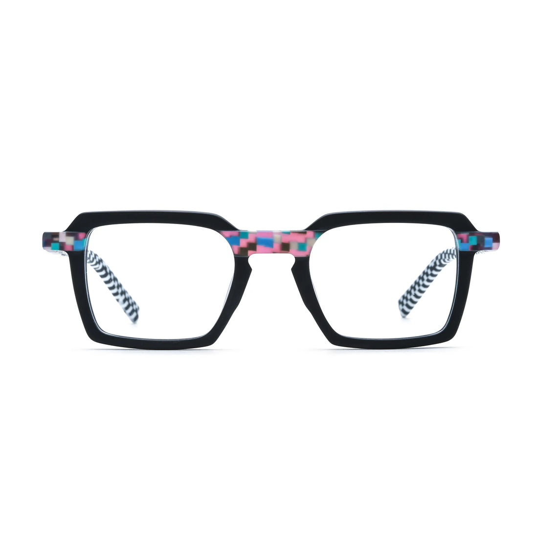 Barledear Pixel Checker Noir square eyeglasses front view with a black frame and colorful pixel accents