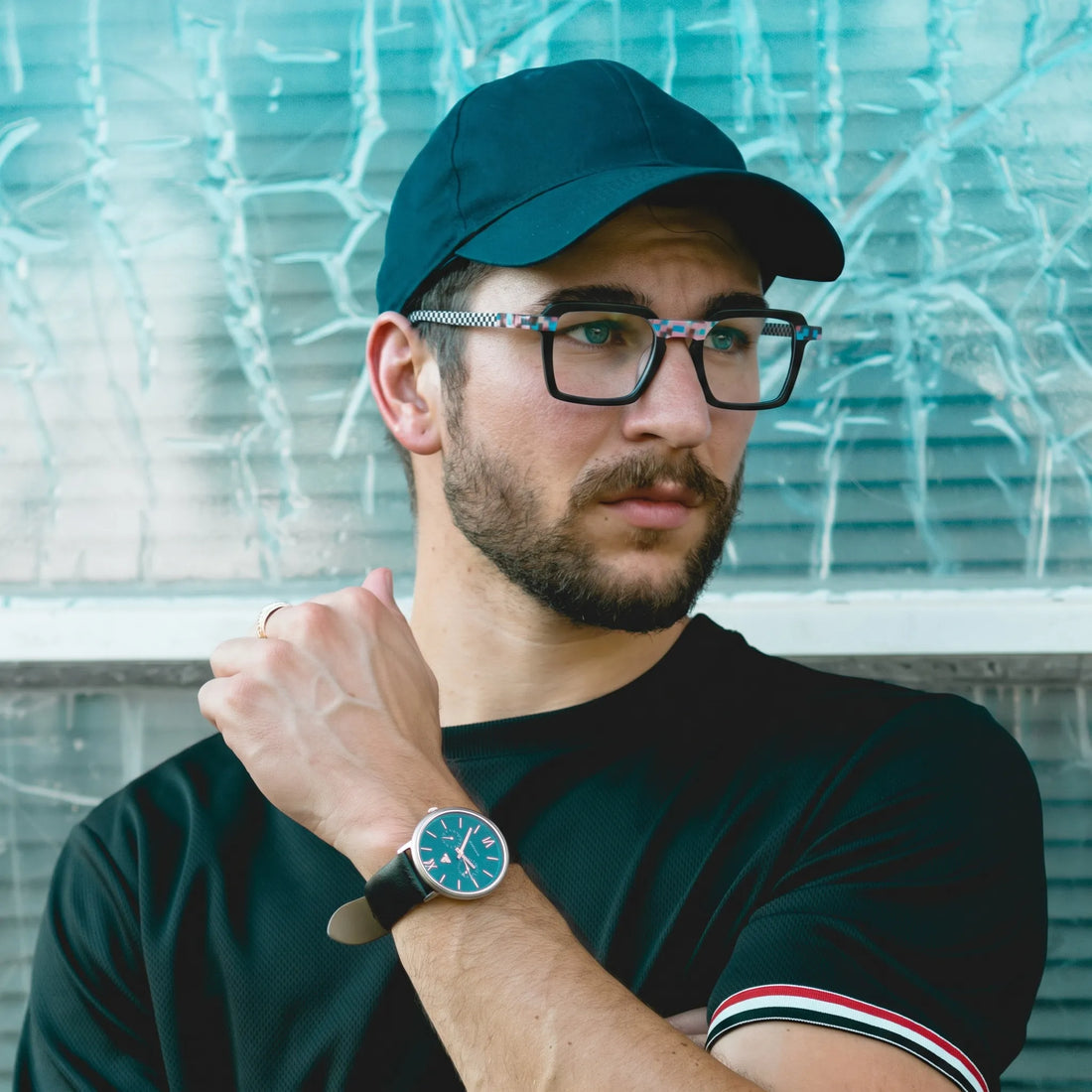 Model wearing Barledear Pixel Checker Noir square eyeglasses in a bold street-style portrait