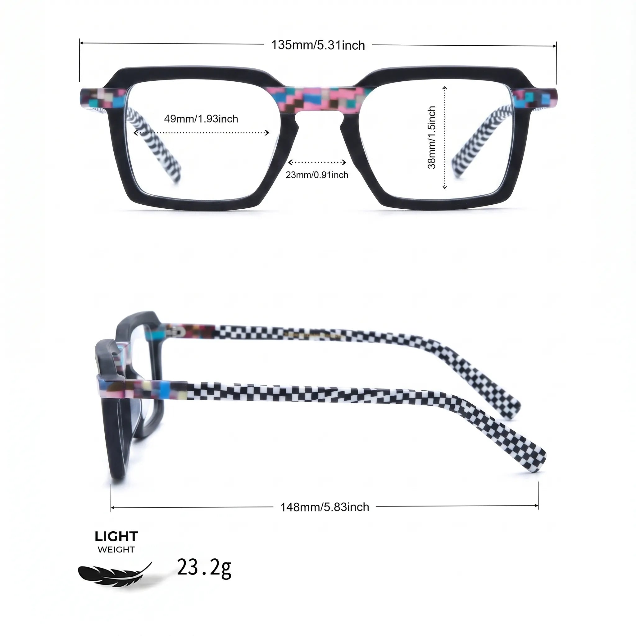Barledear Pixel Checker Noir eyeglasses size chart showing 135 mm frame width and 49-23-148 measurements