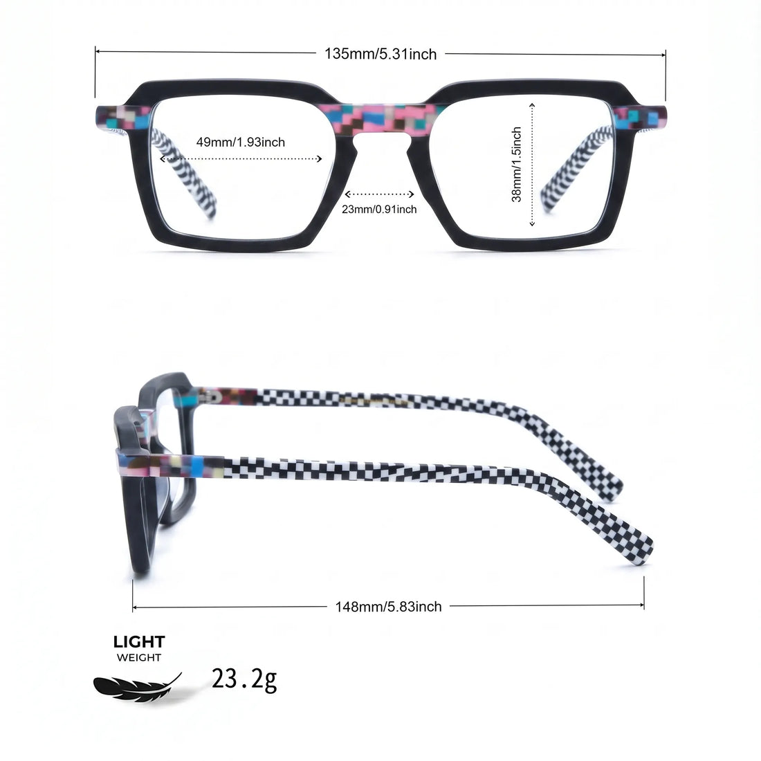 Barledear Pixel Checker Noir eyeglasses size chart showing 135 mm frame width and 49-23-148 measurements