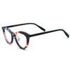 Barledear Plum Ember Mosaic cat-eye acetate eyeglasses angled side view showing the patterned frame front and slim black temples