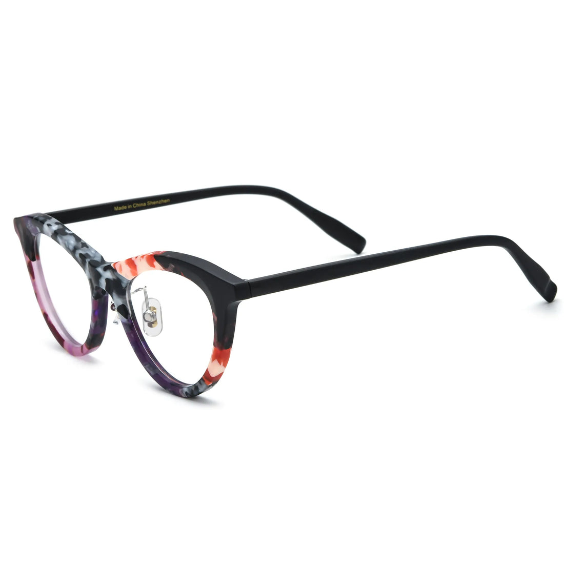 Barledear Plum Ember Mosaic cat-eye acetate eyeglasses angled side view showing the patterned frame front and slim black temples