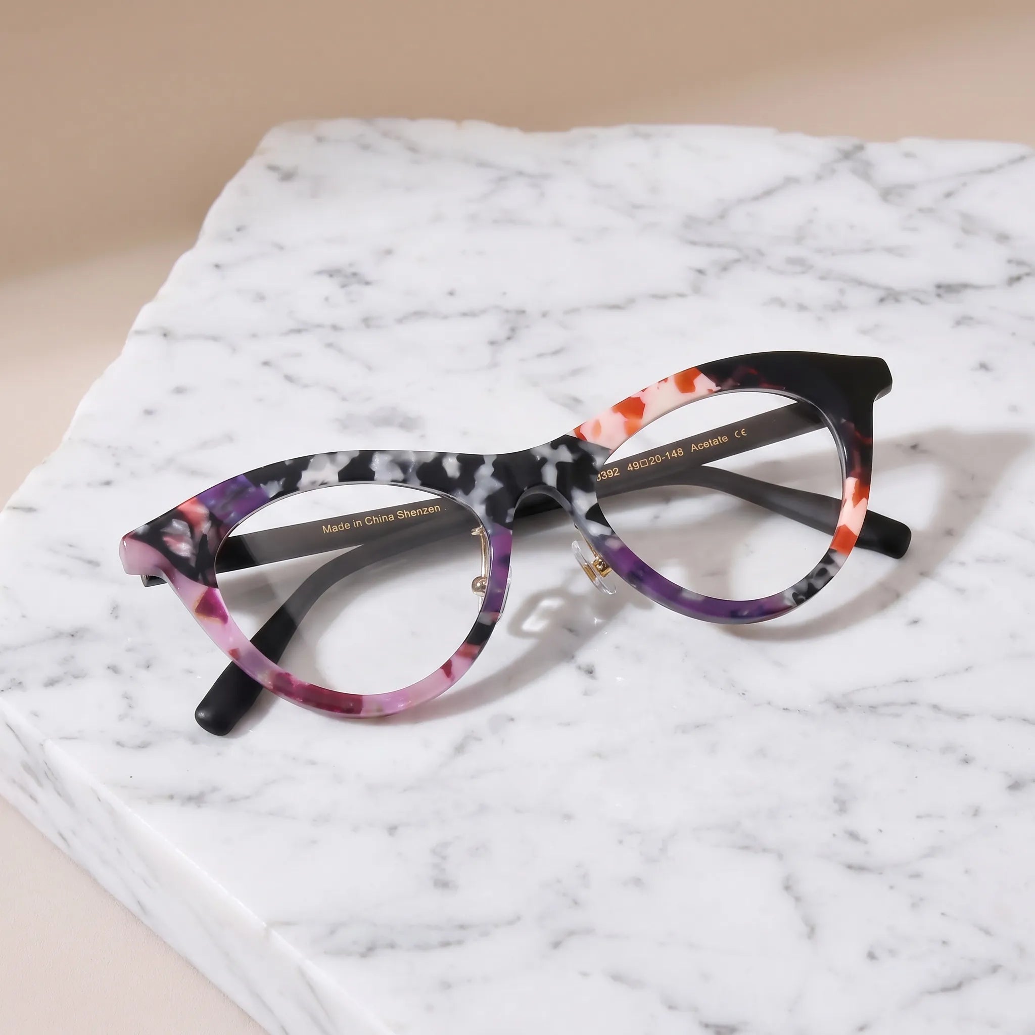 Barledear Plum Ember Mosaic cat-eye eyeglasses folded display showing the multicolor acetate front and black temples