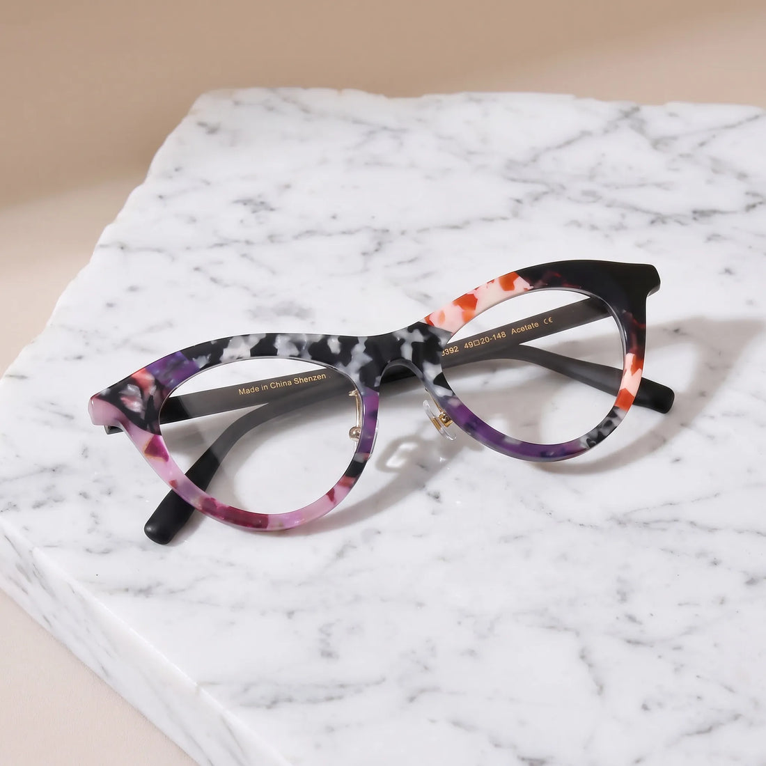Barledear Plum Ember Mosaic cat-eye eyeglasses folded display showing the multicolor acetate front and black temples