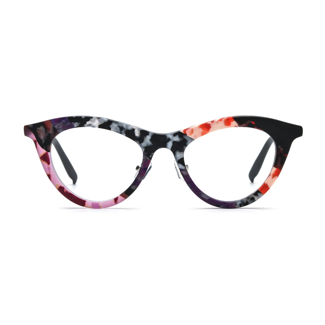 Barledear Plum Ember Mosaic cat-eye acetate eyeglasses front view with purple, black, white, and coral patchwork detailing