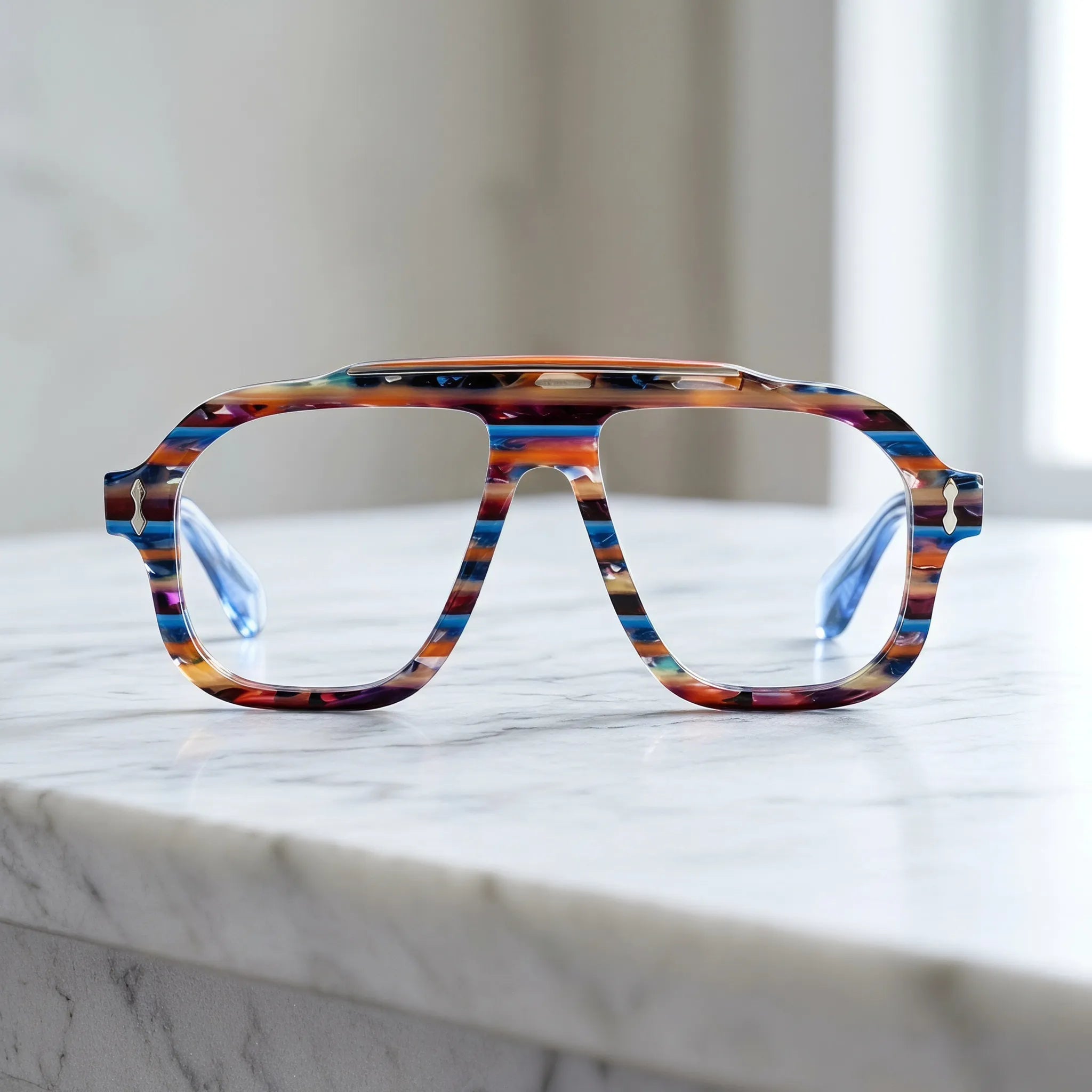Barledear Prism Blue Mosaic square aviator acetate eyeglasses displayed in a clean lifestyle front view with multicolor striped acetate detailing