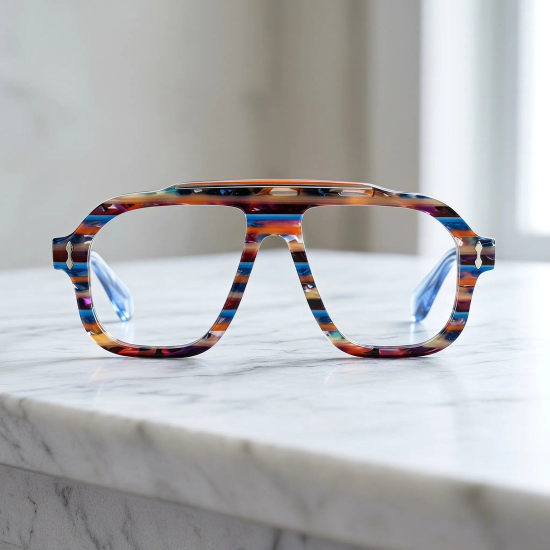 Barledear Prism Blue Mosaic square aviator acetate eyeglasses displayed in a clean lifestyle front view with multicolor striped acetate detailing