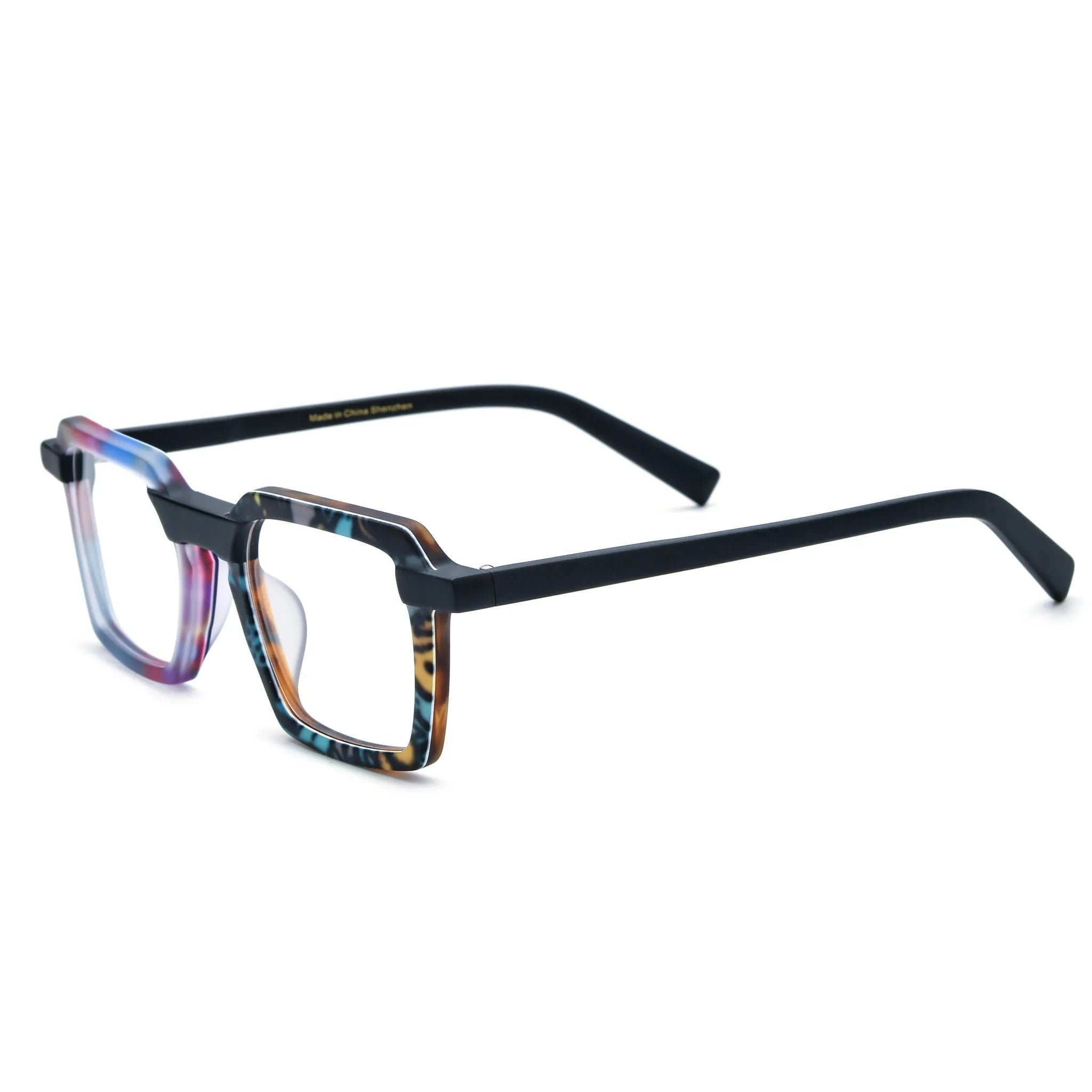 Barledear Prism Mosaic Noir square eyeglasses angled side view showing the patchwork frame and slim black temples