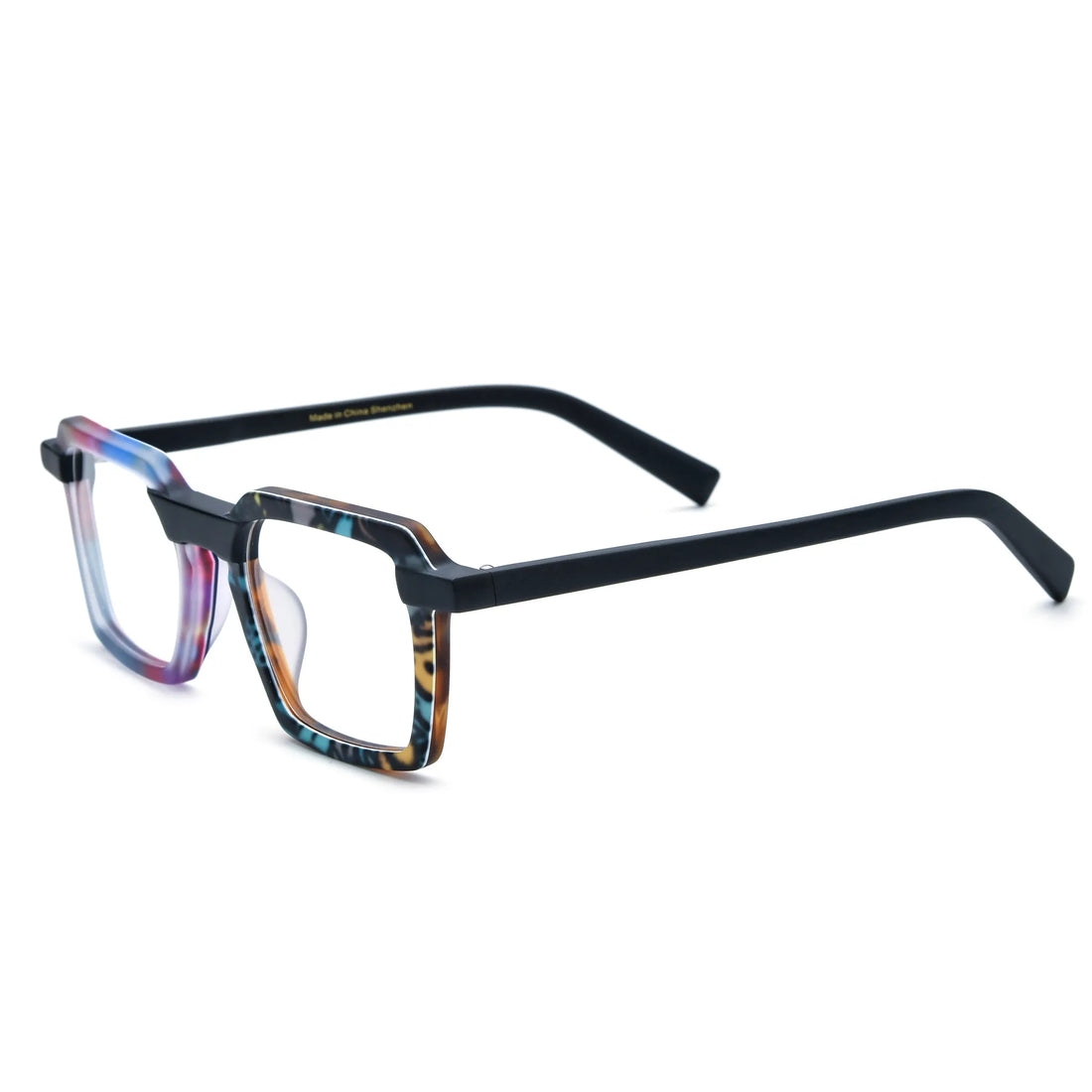Barledear Prism Mosaic Noir square eyeglasses angled side view showing the patchwork frame and slim black temples