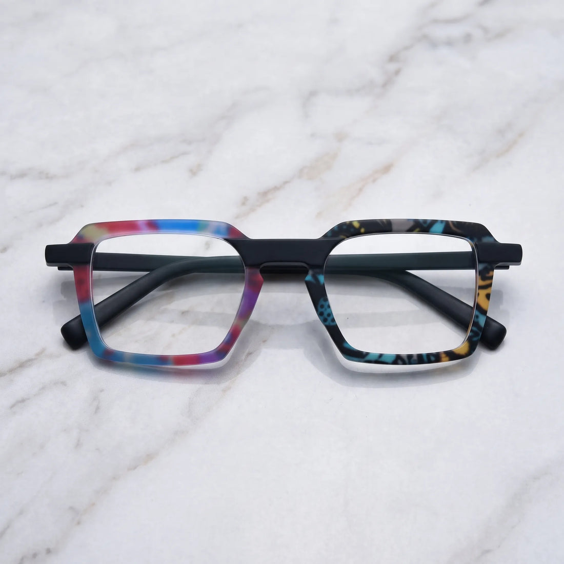 Barledear Prism Mosaic Noir eyeglasses folded display showing the multicolor frame and black temples