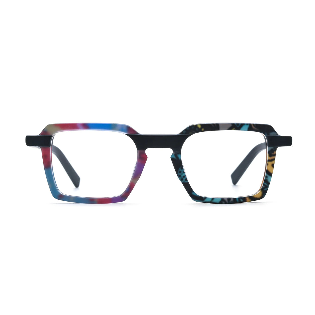 Barledear Prism Mosaic Noir square eyeglasses front view with multicolor patchwork acetate detailing