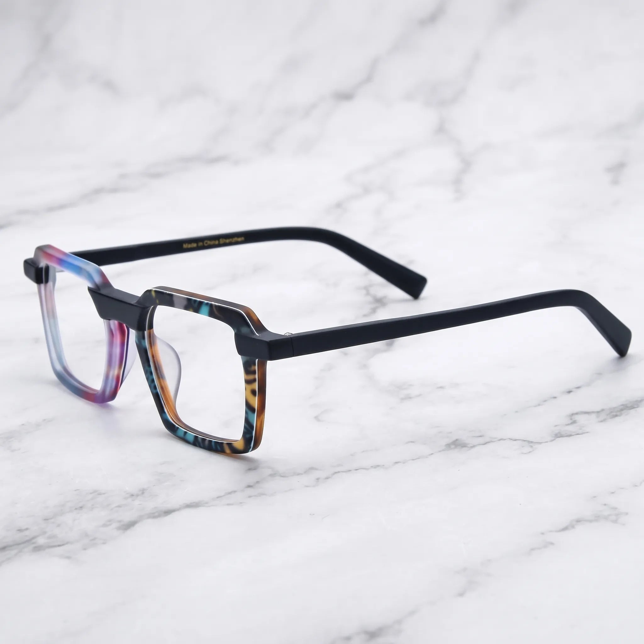 Barledear Prism Mosaic Noir square eyeglasses angled side view showing the patchwork frame and slim black temples