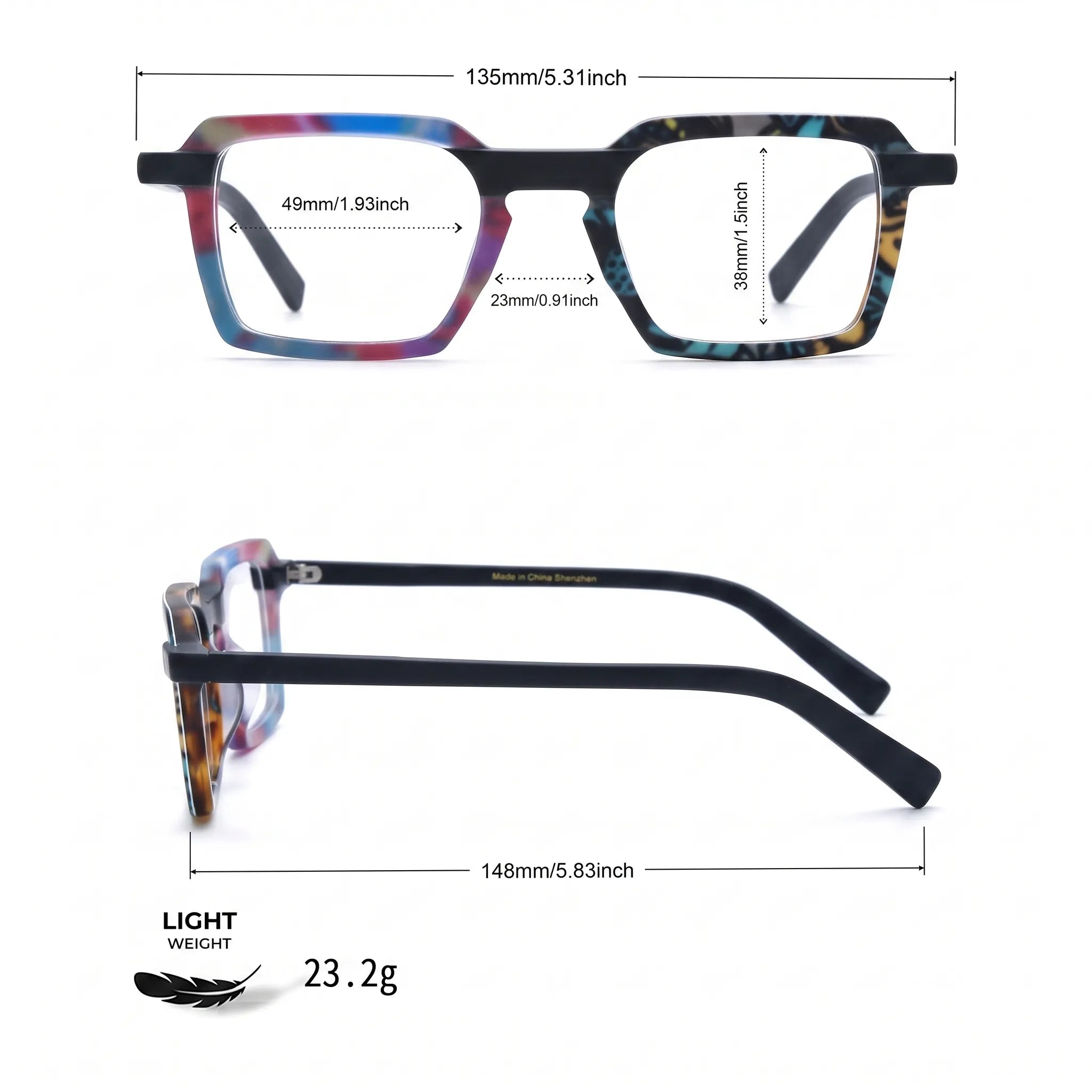 Barledear Prism Mosaic Noir eyeglasses size chart showing 135 mm frame width and 49-23-148 measurements