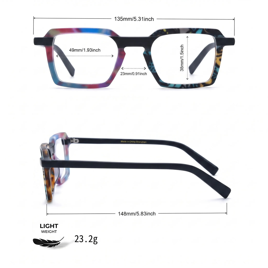 Barledear Prism Mosaic Noir eyeglasses size chart showing 135 mm frame width and 49-23-148 measurements