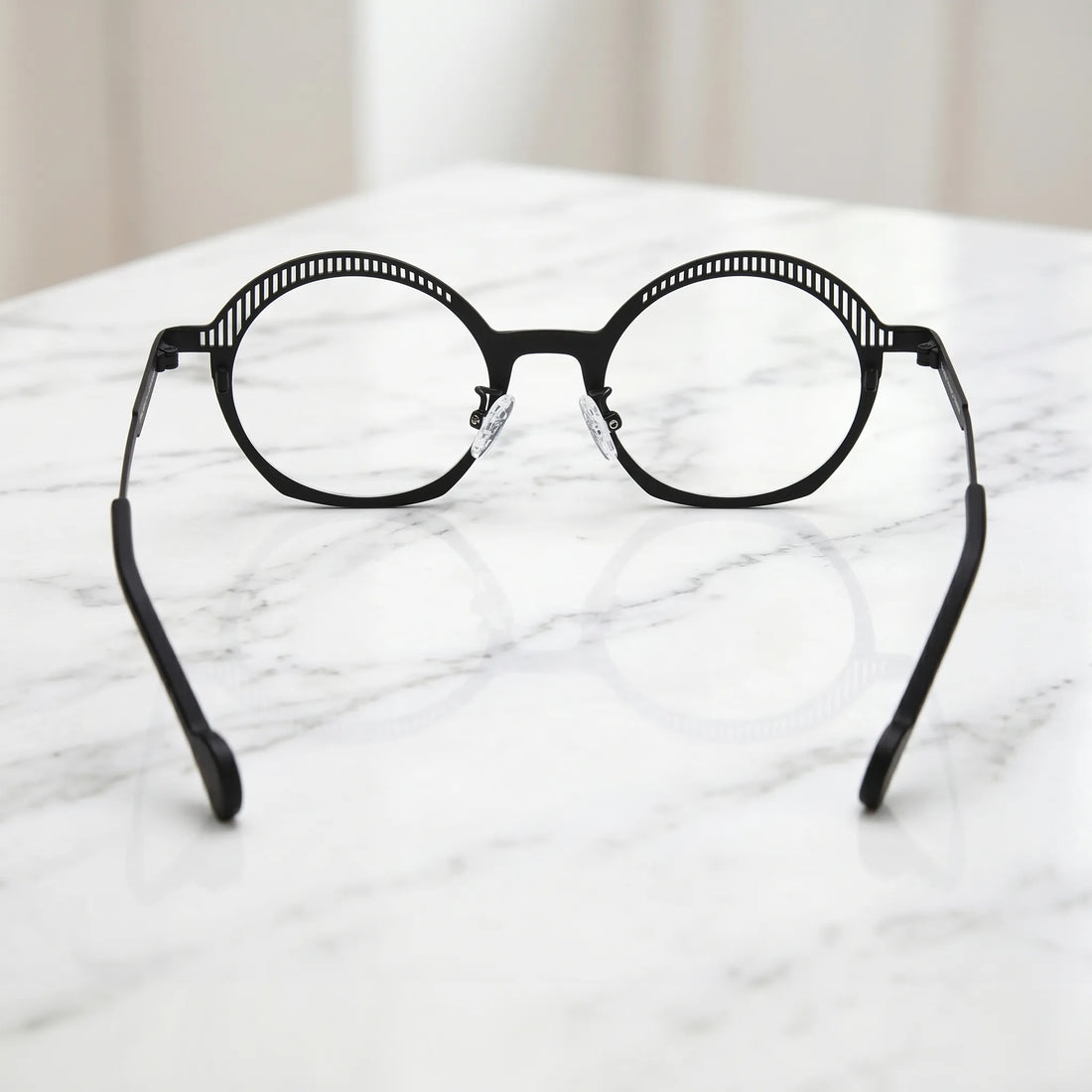 Barledear Prism Noir eyeglasses back view showing adjustable nose pads, slim temple structure, and prescription-ready full-rim construction