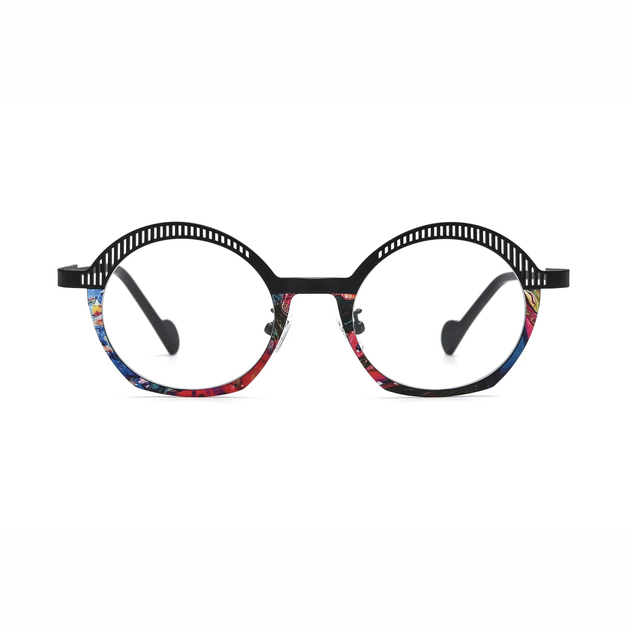 Barledear Prism Noir eyeglasses front view with lightweight black titanium frame and colorful mosaic lower rim accents