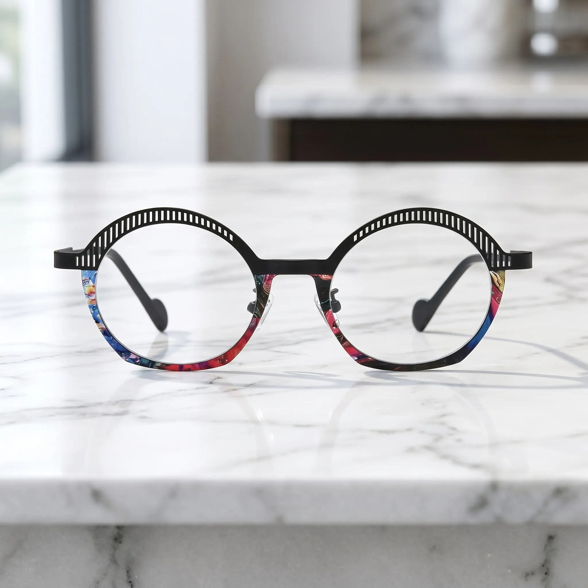 Barledear Prism Noir eyeglasses shown in a clean lifestyle front view with black slotted browline and bold colorful lower rim detail
