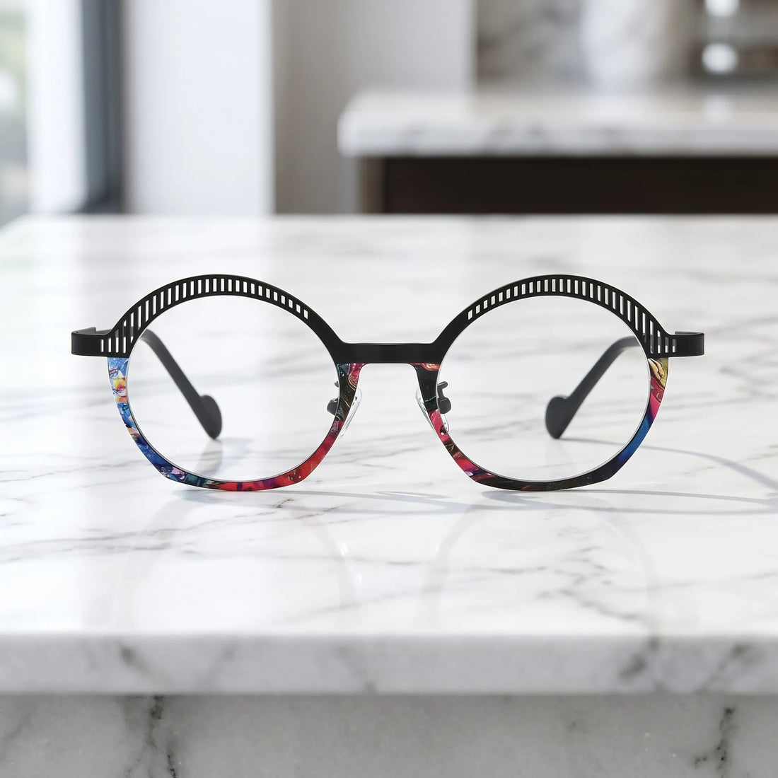 Barledear Prism Noir eyeglasses shown in a clean lifestyle front view with black slotted browline and bold colorful lower rim detail