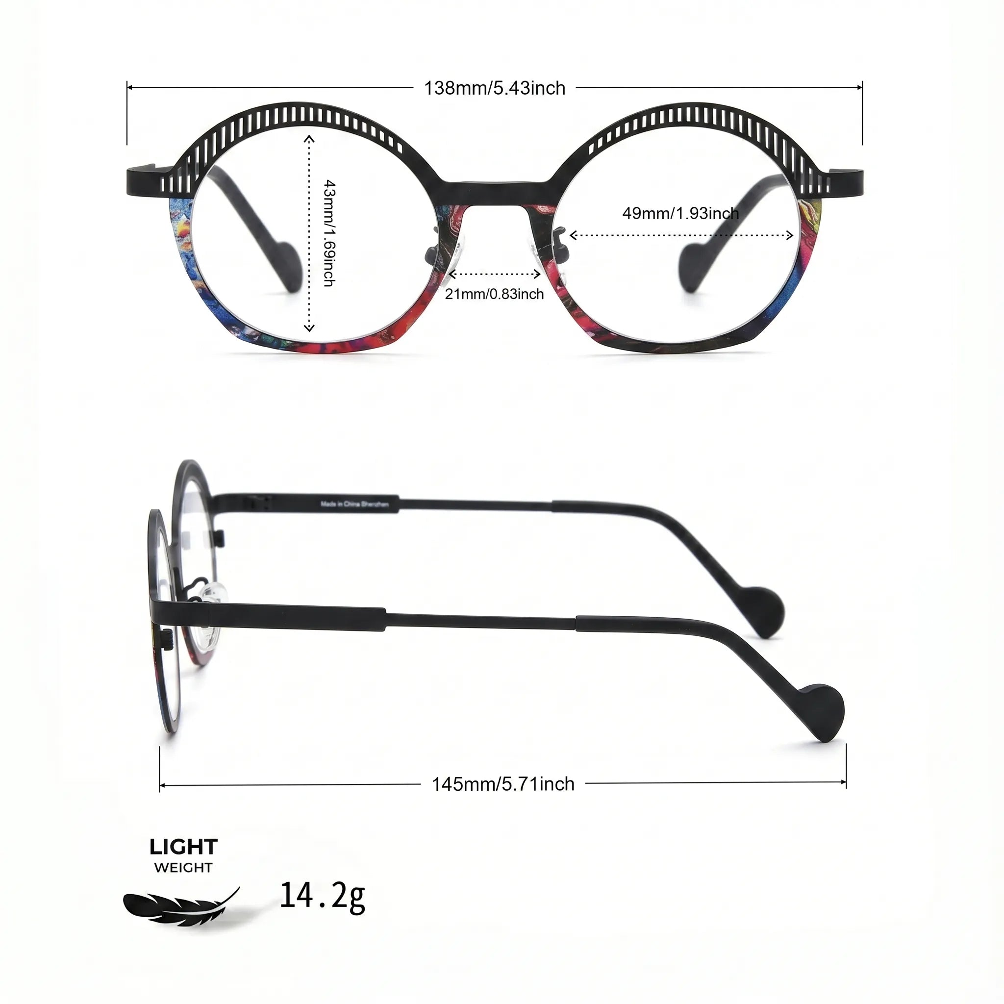 Barledear Prism Noir eyeglasses size chart showing 138 mm frame width, 49 mm lens width, 43 mm lens height, 21 mm bridge, and 145 mm temple length